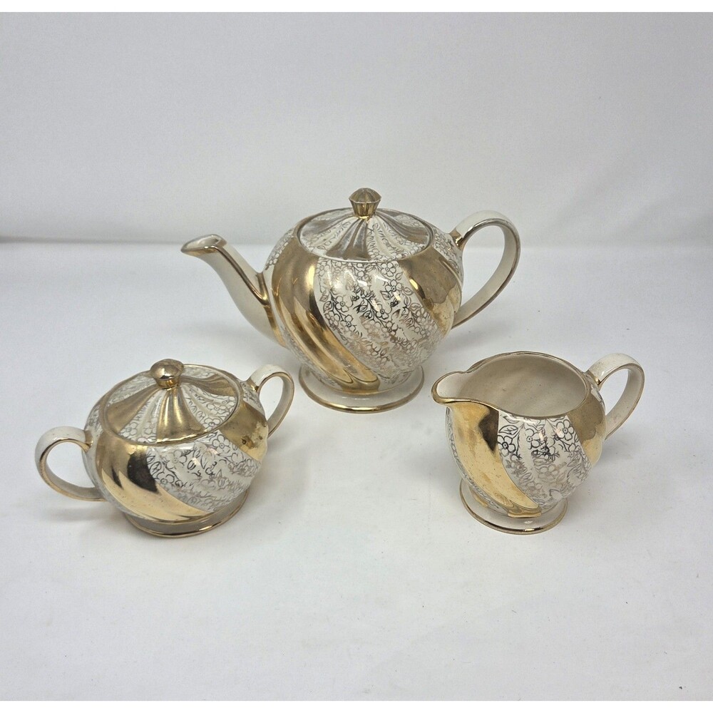 Sadler‎ England 3 Pc Tea Set Gold Luster Chintz Teapot Sugar Creamer 1699